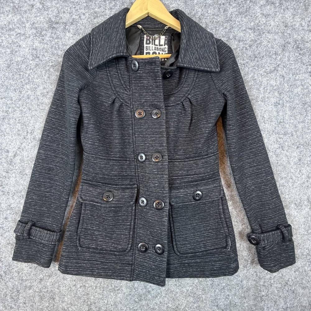 Billabong Pea Coat Jacket Womens Small Gray Black Fitted Double Breasted